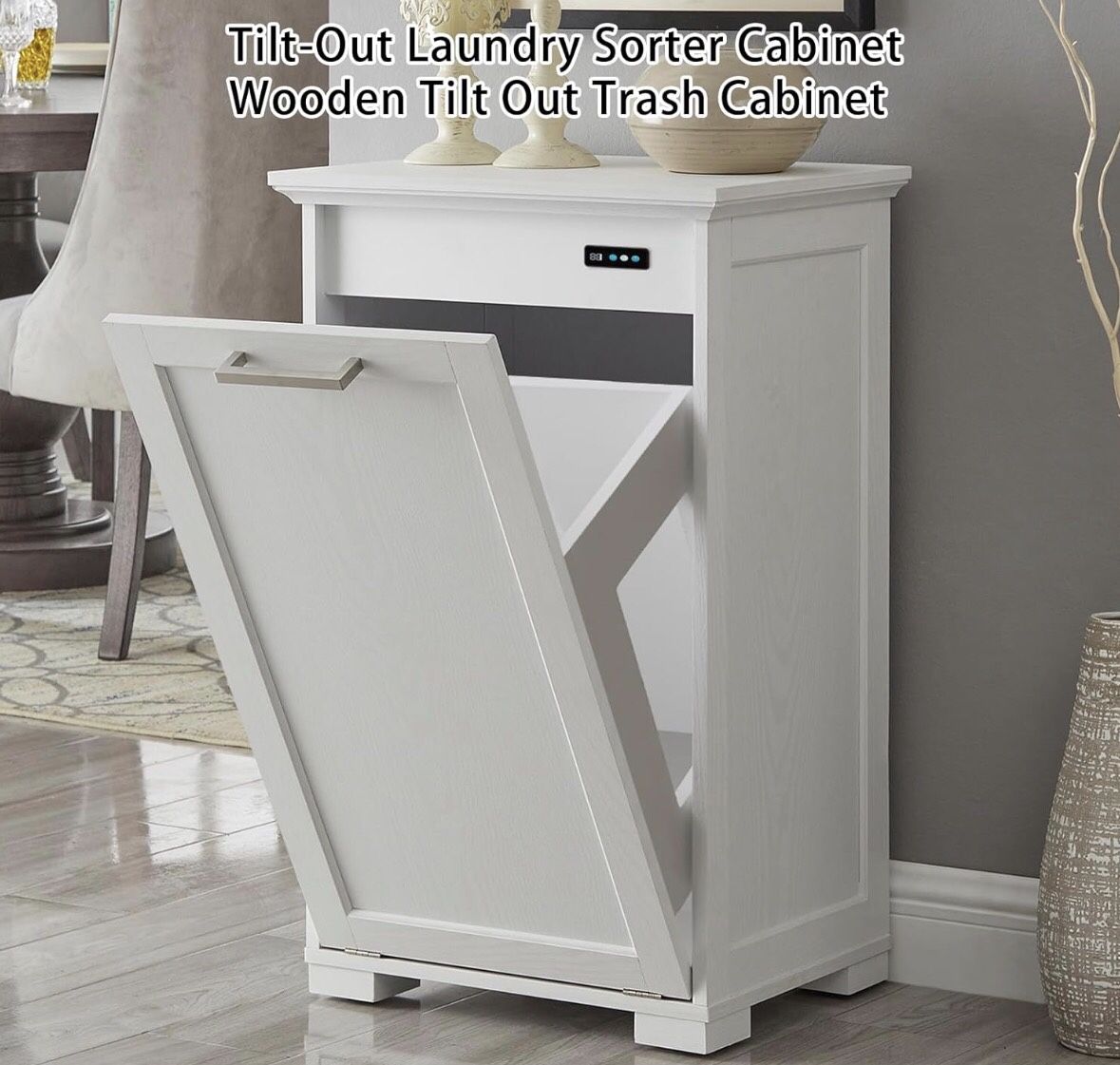 Tilt-Out Laundry Sorter Cabinet Wooden Trash Bin With Deodorizer Function