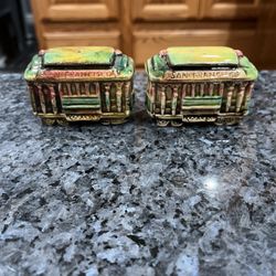 Vintage Ceramic San Francisco Souvenir Trolley Cable Salt & Pepper Shaker Set. Brand EFCCO Japan is on the bottom. 