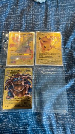 Pikachi and zekrom, pikachu v, and blastoise max for sale.