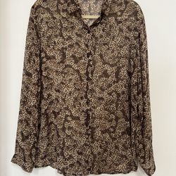 Vintage Burberrys Sheer Leopard Print Button-Up Shirt 100% Silk Womens Size 10