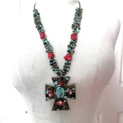 Faux Turquoise Tiger Eye And Red Beaded Cross Pendant Necklace