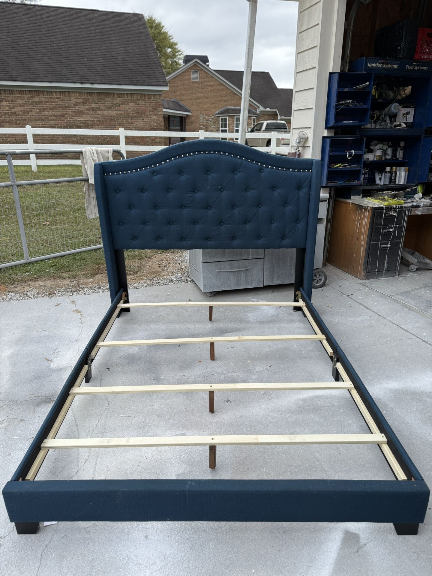 Blue Upholstered Queen Bed And Mattress Set