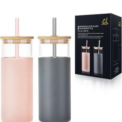 2Pack * 15.2oz Glass Tumbler with Straw and Bamboo Lid, Iced Coffee Cup Reusable, Smoothie Cups, Tumbler with Silicone Protective Sleeve - BPA Free