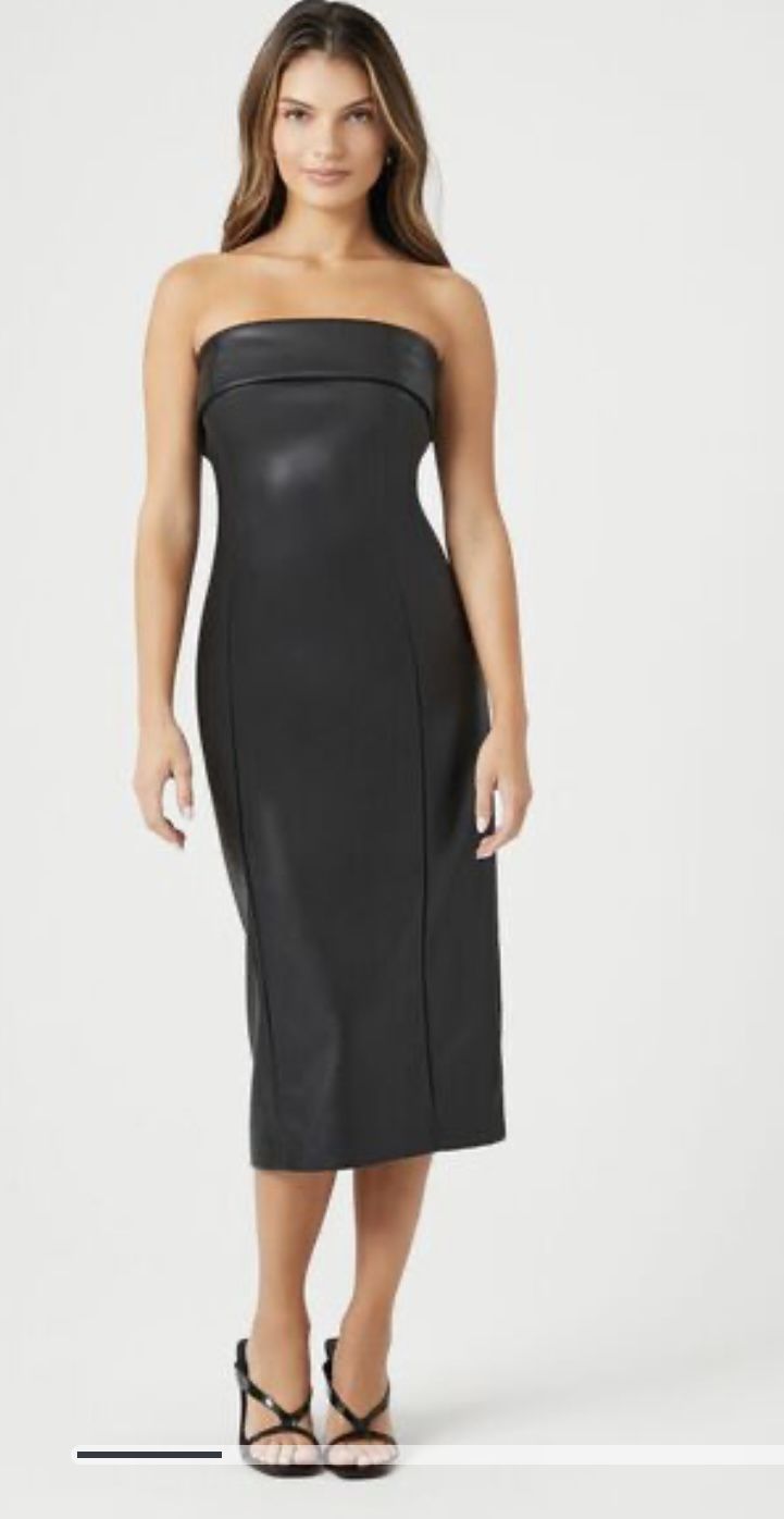 Faux Leather Midi Strapless Dress