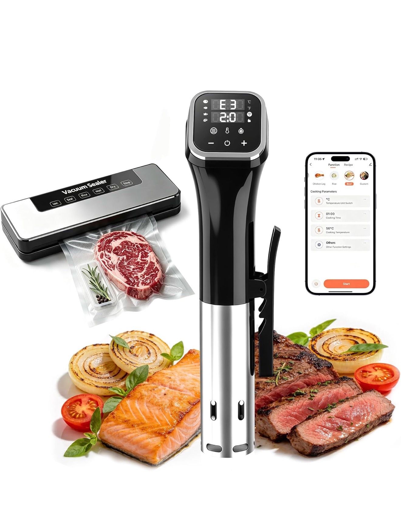 WIFI Sous Vide Cooker Kit, 1100W Sous Vide Machines Immersion Circulator with Vacuum Sealer Machine and Bags, APP Preset Recipes, Accurate Temperature