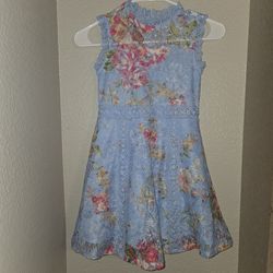 Knit Works girl's sleeveless fit and flare floral lace dress in blue Size 6X