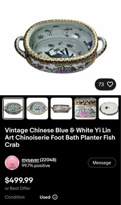 Vintage Chinese Blue & White Yi Lin Art Chinoiserie Foot Bath Planter Fish Crab