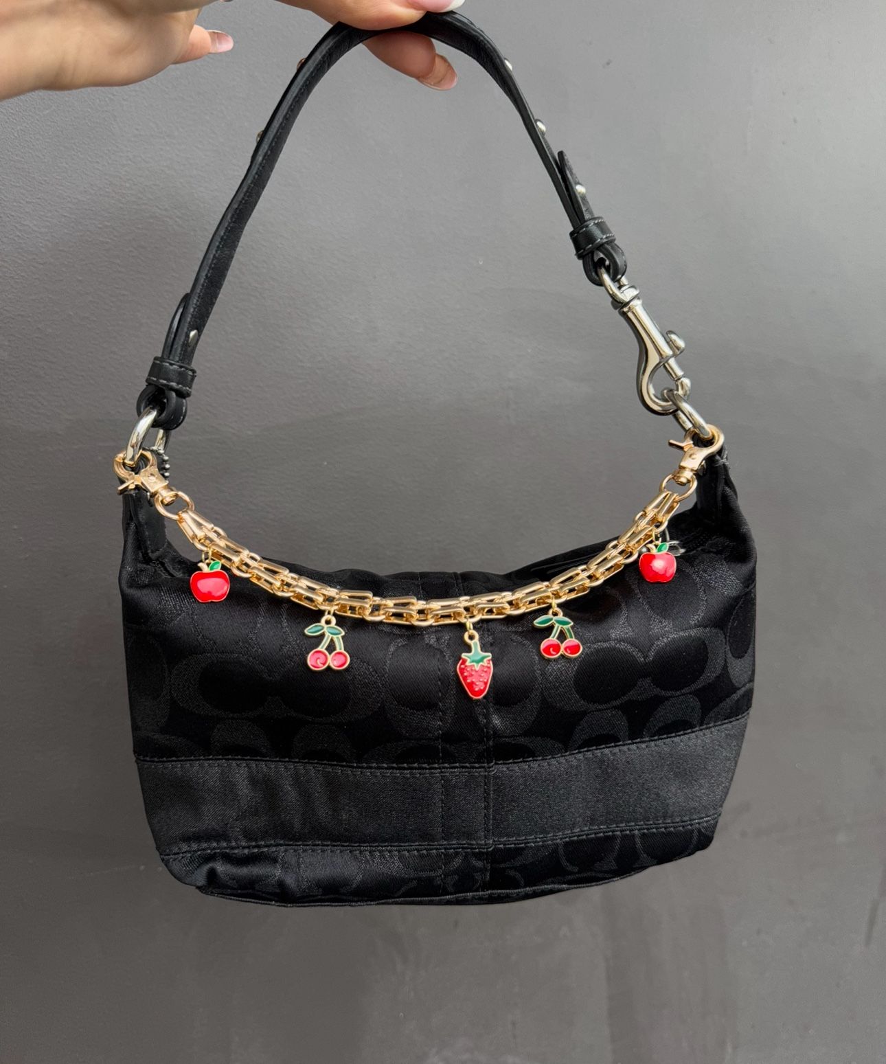 Vintage Coach Black Mini Hobo w/ Fruit Charm Chain