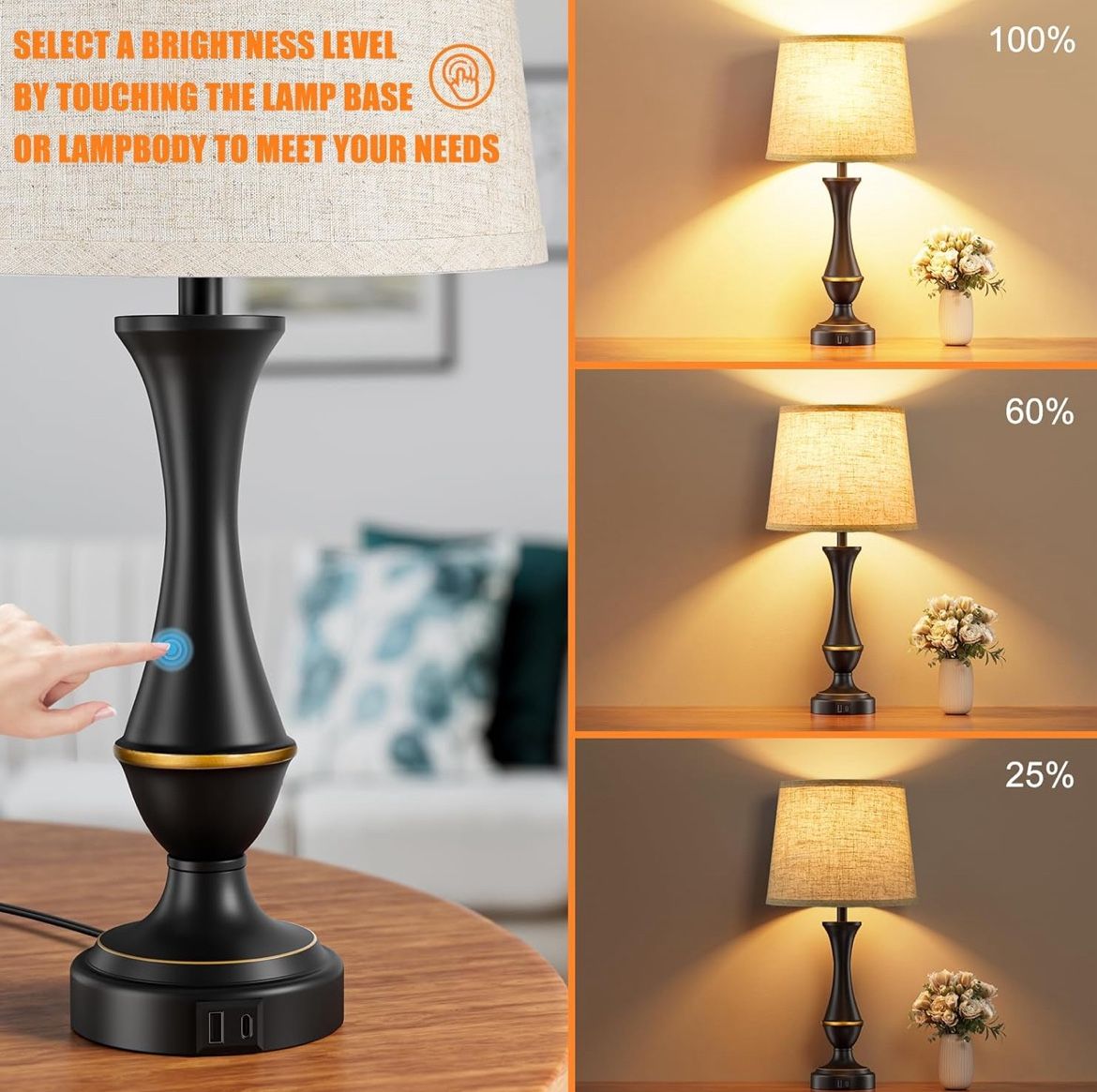 New In Box Upgraded Touch Lamps for Bedrooms Set of2-Nightstand Table Lamp with USB C+A,3Way Dimmable Lamps for Living Room
