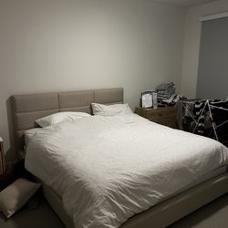 Cal King Bed Frame + Mattress – Modern Upholstered – Excellent Condition