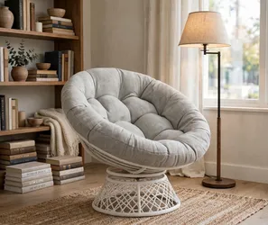 Swivel Papasan Chair — White Frame, Silver Cushion (Brand New) - M21C