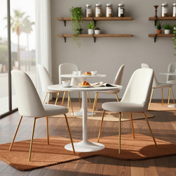 Homy Casa Clift 3PC Dining Set 31.5” White Round Dining Table with 2 Zanka Beige Fabric Upholstered Dining Chairs with Gold-Plated Legs