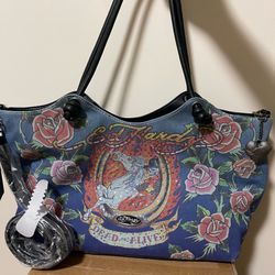 Ed Hardy "Dead or Alive" Denim Tote Bag Rhinestone Rose Horse Skeleton NWT