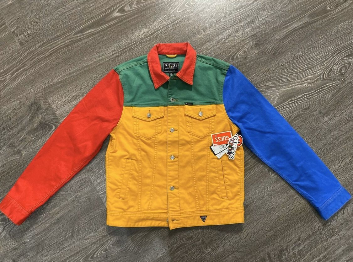 Guess x J BALVIN Vibras Denim Color Block Jacket Red Yellow Green Blue 2XL