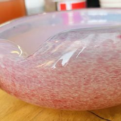 Murano Vintage Fratelli Toso Opalescent Pink Spots White Italian Art Glass Scroll Design Seashell Bowl