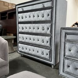 !!New!!!Gray 5-Drawer Chest, Tall Chest, Jeweled Knob Chest, Upholstered Chest, Dovetailed Drawer Design Chest, Dresser, Nightstand 