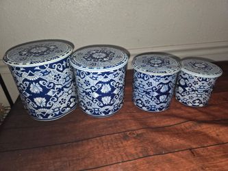 Vintage blue and beige  Delft tin Container set , Made in Holland