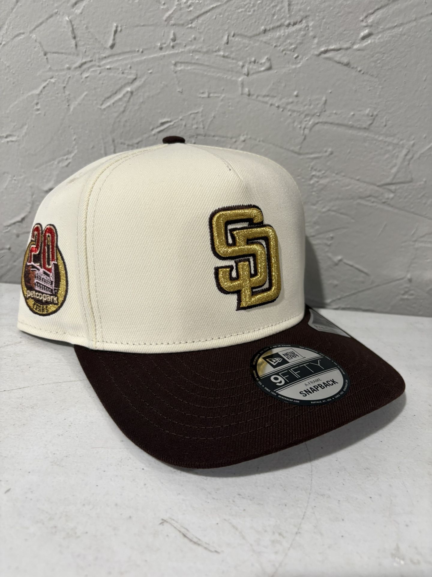 MLB New Era San Diego Padres Cream Brown 20th Anniversary Patch A Frame 9fifty SnapBack Hats 
