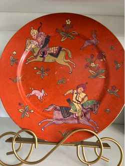 Vintage porcelain Japanese Hong Kong porcelain round decorative platter with horses 12 1/2 inches