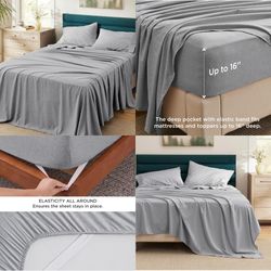 Queen Sheet Set Grey, Soft 4 Pieces Queen Sheets, Cooling Sheets for Queen Size Bed, Luxury Cationic Dyed Bed Sheets, Deep Pockets & Easy-Fit, Breatha