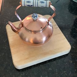 Copper Tea Kettle W Blue & White Ceramic Handle