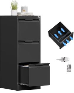 3 Drawer File Cabinet with Lock,Metal File Cabinet for Home Office,Black Vertical Filing Cabinets Heavy Duty Office Storage Cabinets for Letter/Legal/