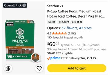 STARBUCKS DECAF PIKE PLACE COFFEE – 96 K-CUPS