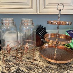 Rose Gold Serving Tray And Glass Drink Dispensers 