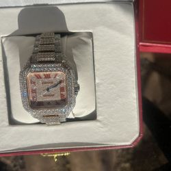 Cartier Santos Fully Iced W/Red Dial 