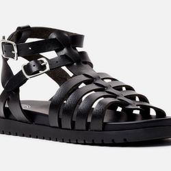 Wonder Nation Girls Black Faux Leather Gladiator Sandals Size 2 NEW