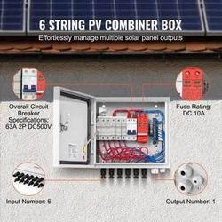 New VEVOR PV Combiner Box, 6 String, Solar Combiner Box with 10A Rated Current Fuse 63A Circuit Breaker