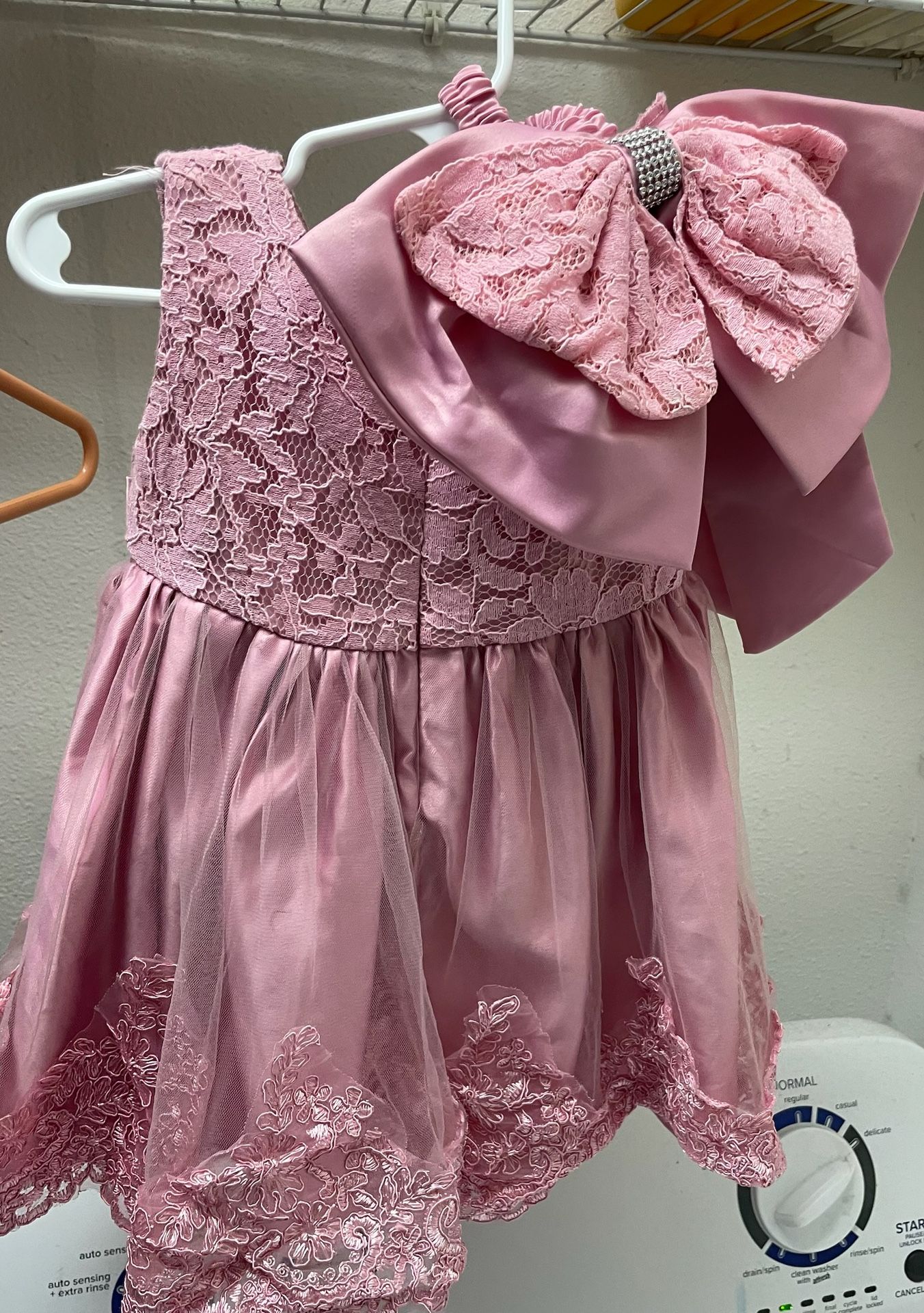 Pink Dress w/ Lace, Hair,& Bow To Pin On Back