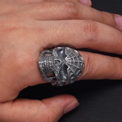 999 Silver Skull Spider Men Ring 