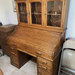 Wooden Roll-Top Desk with Hutch