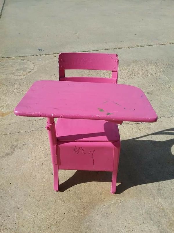Vintage Wood And Metal School Desk Painted Pink Used Good