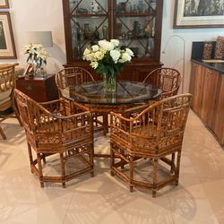 Exquisite Brighton Chippendale Bamboo Dining Set W 4 Chairs W Cane Bottom And Cushions 