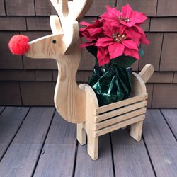 Christmas Decor  Wood Vtg Rudolph Reindeer Plant Holder