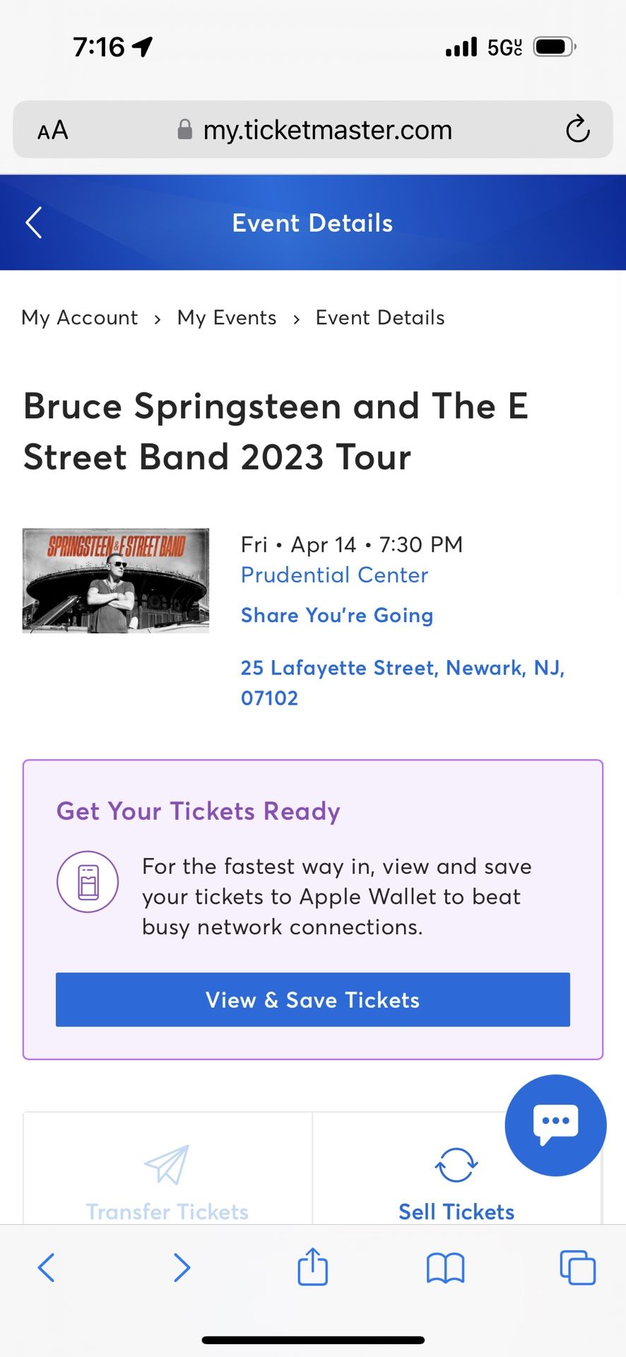 Bruce Springsteen Tickets Section 20 row 2 Prudential Center 