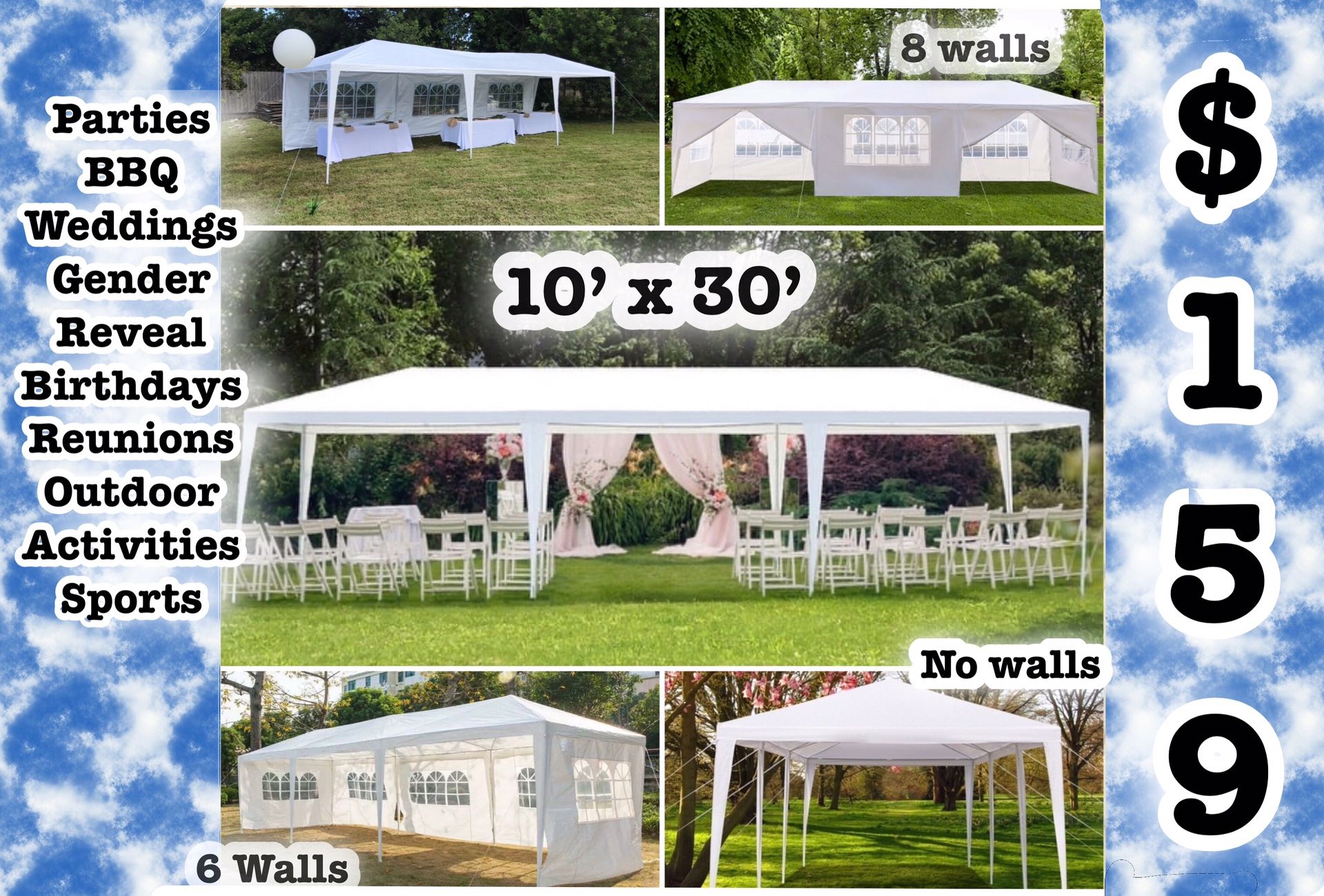 4 Total 10x30 FT 8 WALLS 2 DOORS W/ ZIPPERS GAZEBO CANOPY TENT WEDDING PARTY BBQ RESTAURANT OUTDOOR FESTIVITIES