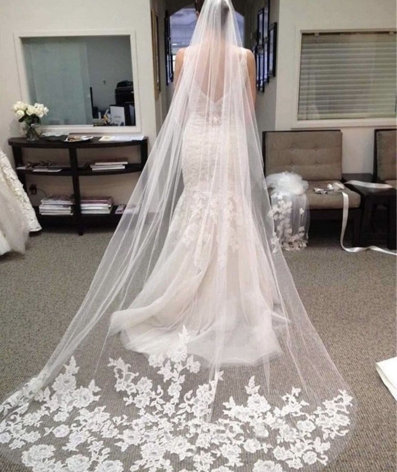 NEW Cathedral Wedding Veil Long Bridal Lace Veil Tulle Hair Accessories With Comb for women Floral 118" Veil Headpeice Gift 