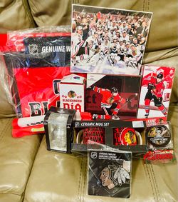 2 Blackhawks Patrick Kane and 1 Día De Los Muertos bobble heads, Brian Bickel signed Puck, Stanley Cup, Banners and more