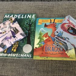 “Books To Bed” Hardcover Book And Pajama Sets (“Madeline” Size 5 Nightgown And “Old Dragon Who Swallowed A Knight”) Sz 2, 2 Piece