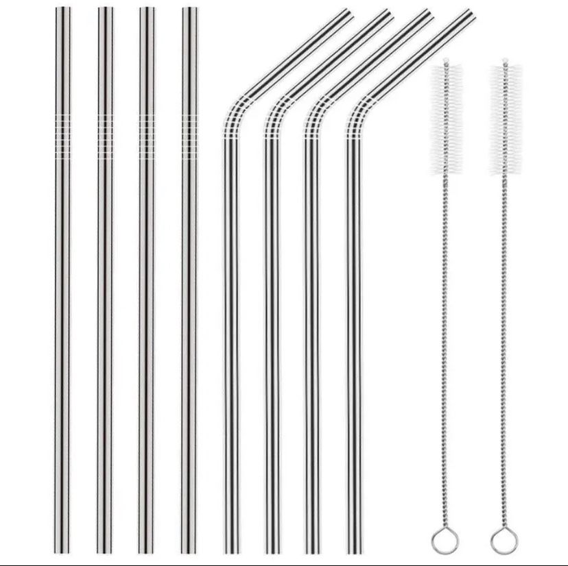 New US 8pcs 10.5" Stainless Steel Ultra Long Metal Cocktail Straw + 2 Cleaner Brush