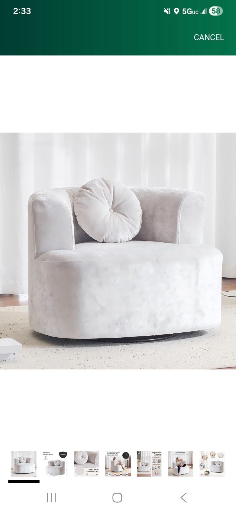 Oversized Beige Swivel Accent Chair – Curved Back Round Chair w/ Pillow