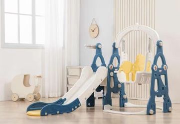 Kinsuite Kids Slide and Swing Set- 2- in- Indoor Outdoor Playset for Toddlers 1-5Years, Basketball Hoop & Non-slip Design, Blue