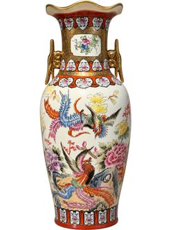 Large Chinese Porcelain Floral Vase with Gold Handles