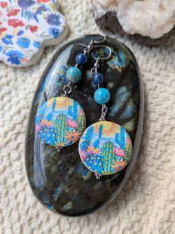 Artisan crafted cactus and gemstone earrings