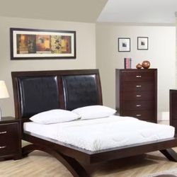 King Bed Frame with Leather Upholstered Headboard