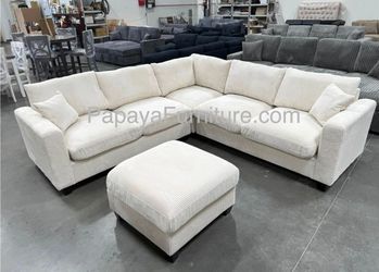 New Ivory Cream Fabric Couch, Corner L-Shaped Couch, Beige Sectional Modern Designer Sectional Sofa And Ottoman, White Couch Small Apartment Size Room
