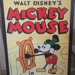 Mickey Mouse in Steamboat Willie Framed Oil Painting Walt Disney - Vintage Rare 
